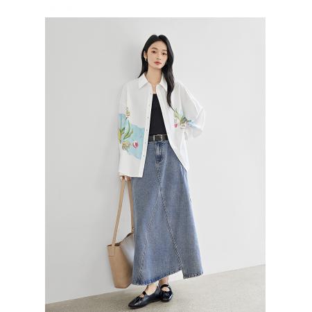 FA53746# 莱赛尔印花长袖白衬衫女春季新款小众宽松开衫外套上衣 服裝批發女裝批發服飾貨源