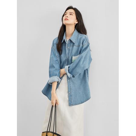 FA53747# 复古宽松牛仔衬衫女春季新款慵懒休闲上衣宽松开衫外套 服裝批發女裝批發服飾貨源
