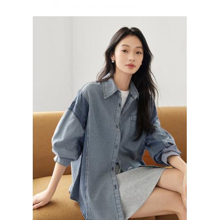 FA53748# 复古撞色拼接牛仔衬衫女春季新款宽松休闲百搭衬衣外套 服裝批發女裝批發服飾貨源