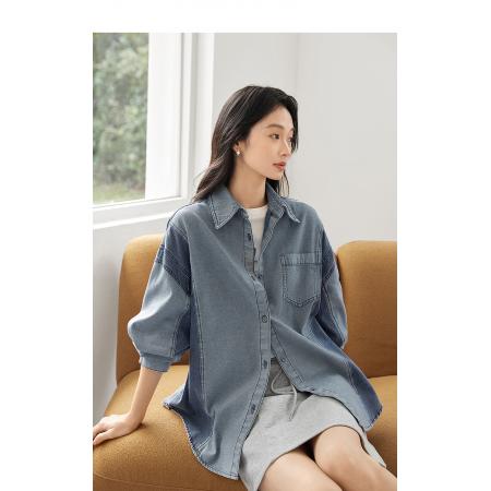 FA53748# 复古撞色拼接牛仔衬衫女春季新款宽松休闲百搭衬衣外套 服裝批發女裝批發服飾貨源
