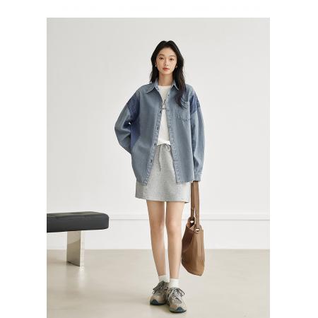 FA53748# 复古撞色拼接牛仔衬衫女春季新款宽松休闲百搭衬衣外套 服裝批發女裝批發服飾貨源