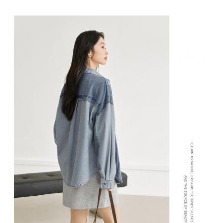 FA53748# 复古撞色拼接牛仔衬衫女春季新款宽松休闲百搭衬衣外套 服裝批發女裝批發服飾貨源