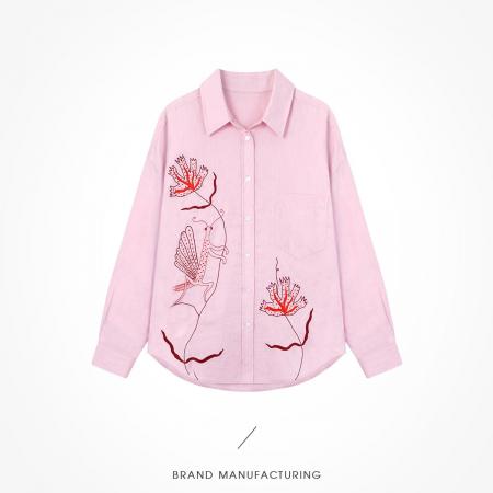 FA53749# 春季粉色刺绣衬衫女秋季新款休闲宽松时尚气质长袖衬衣开衫 服裝批發女裝批發服飾貨源