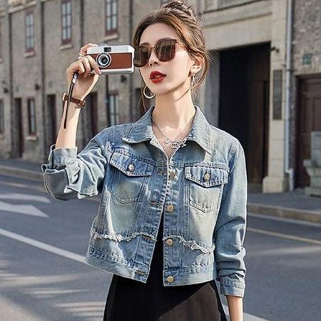 FA53758# 复古毛边牛仔外套女早春季新款小个子休闲宽松短款夹克上衣潮 服裝批發女裝批發服飾貨源