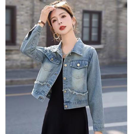 FA53758# 复古毛边牛仔外套女早春季新款小个子休闲宽松短款夹克上衣潮 服裝批發女裝批發服飾貨源
