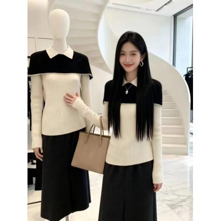 FA53762# 黑白撞色假两件翻领长袖针织衫女秋季新款修身打底衫气质上衣 服裝批發女裝批發服飾貨源