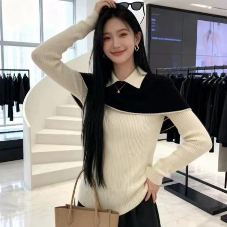 FA53762# 黑白撞色假两件翻领长袖针织衫女秋季新款修身打底衫气质上衣 服裝批發女裝批發服飾貨源