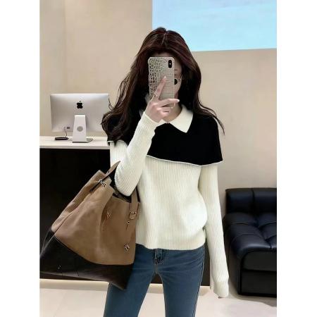 FA53762# 黑白撞色假两件翻领长袖针织衫女秋季新款修身打底衫气质上衣 服裝批發女裝批發服飾貨源