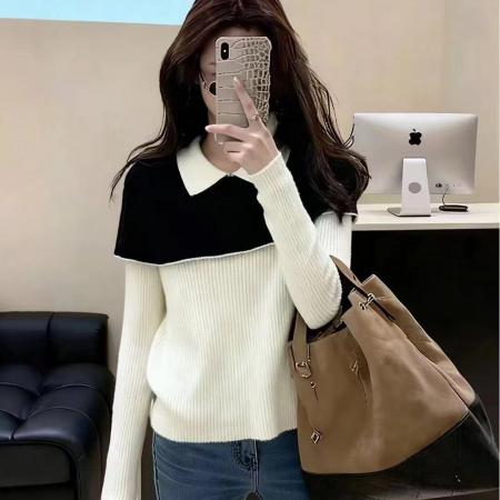 FA53762# 黑白撞色假两件翻领长袖针织衫女秋季新款修身打底衫气质上衣 服裝批發女裝批發服飾貨源