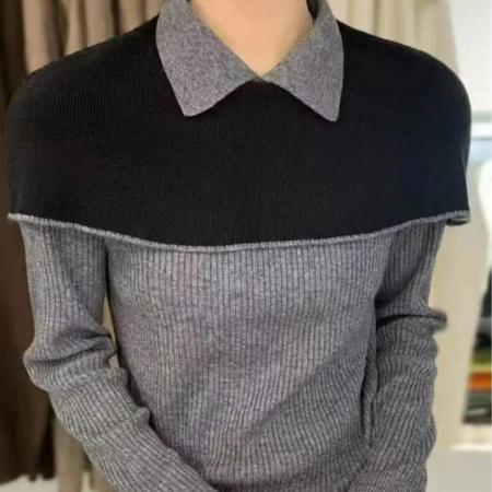 FA53762# 黑白撞色假两件翻领长袖针织衫女秋季新款修身打底衫气质上衣 服裝批發女裝批發服飾貨源