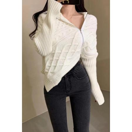 FA53764# 韩国东大门秋冬新款韩版设计感不规则侧边拉链开衫外穿翻领毛衣女 服裝批發女裝批發服飾貨源