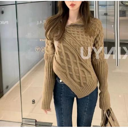 FA53764# 韩国东大门秋冬新款韩版设计感不规则侧边拉链开衫外穿翻领毛衣女 服裝批發女裝批發服飾貨源