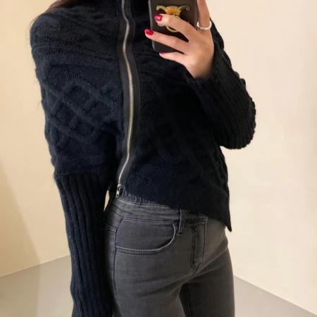 FA53764# 韩国东大门秋冬新款韩版设计感不规则侧边拉链开衫外穿翻领毛衣女 服裝批發女裝批發服飾貨源