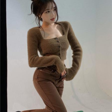 FA53765# 纯欲辣妹性感方领仿水貂绒毛衣女秋冬别致短款开衫上衣针织打底衫 服裝批發女裝批發服飾貨源