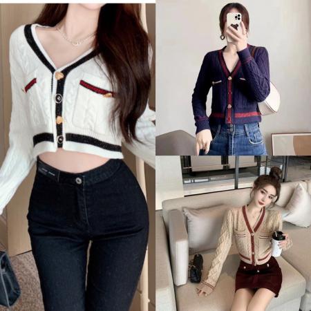 FA53766# HOTDOG热狗家V领条纹针织开衫女秋冬韩国新款学院风直筒长袖上衣 服裝批發女裝批發服飾貨源