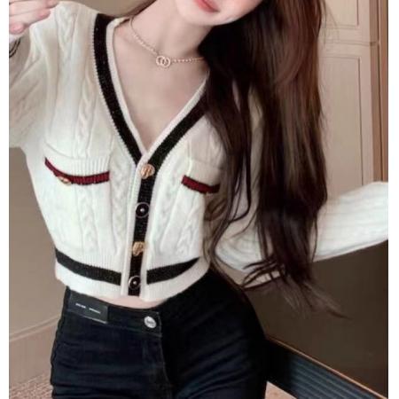 FA53766# HOTDOG热狗家V领条纹针织开衫女秋冬韩国新款学院风直筒长袖上衣 服裝批發女裝批發服飾貨源