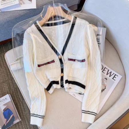 FA53766# HOTDOG热狗家V领条纹针织开衫女秋冬韩国新款学院风直筒长袖上衣 服裝批發女裝批發服飾貨源