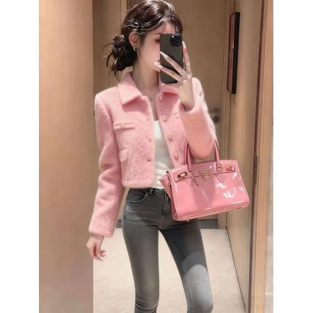 FA53769# 今年流行韩系淑女风粉色翻领短款外套女温柔氛围感小香风上衣秋冬 服裝批發女裝批發服飾貨源