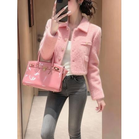 FA53769# 今年流行韩系淑女风粉色翻领短款外套女温柔氛围感小香风上衣秋冬 服裝批發女裝批發服飾貨源