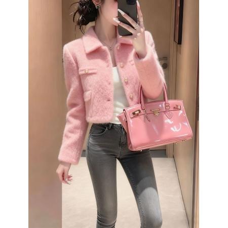 FA53769# 今年流行韩系淑女风粉色翻领短款外套女温柔氛围感小香风上衣秋冬 服裝批發女裝批發服飾貨源