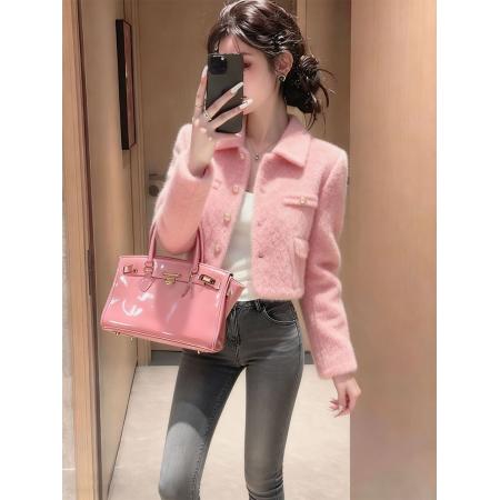 FA53769# 今年流行韩系淑女风粉色翻领短款外套女温柔氛围感小香风上衣秋冬 服裝批發女裝批發服飾貨源