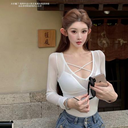 FA53770# 纯欲温开水殿堂推荐假两件交叉吊带上衣 服裝批發女裝批發服飾貨源