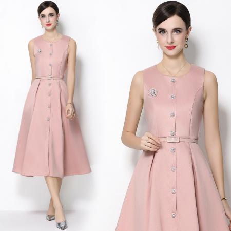 FA53771# 优雅轻奢风圆领无袖排扣连衣裙女收腰显瘦A字连衣裙送腰带 服裝批發女裝批發服飾貨源