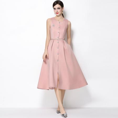 FA53771# 优雅轻奢风圆领无袖排扣连衣裙女收腰显瘦A字连衣裙送腰带 服裝批發女裝批發服飾貨源