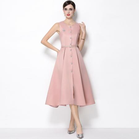 FA53771# 优雅轻奢风圆领无袖排扣连衣裙女收腰显瘦A字连衣裙送腰带 服裝批發女裝批發服飾貨源