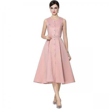 FA53771# 优雅轻奢风圆领无袖排扣连衣裙女收腰显瘦A字连衣裙送腰带 服裝批發女裝批發服飾貨源