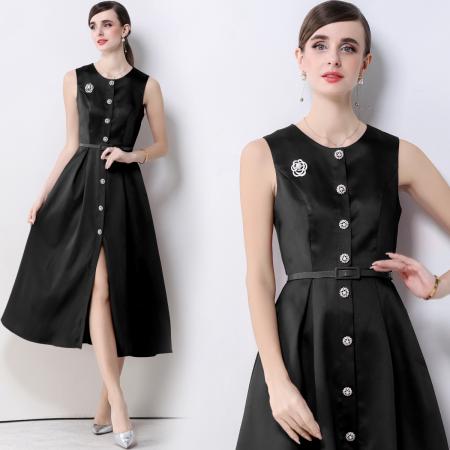 FA53772# 优雅轻奢风圆领无袖排扣连衣裙女收腰显瘦A字连衣裙送腰带 服裝批發女裝批發服飾貨源