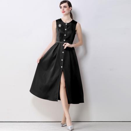 FA53772# 优雅轻奢风圆领无袖排扣连衣裙女收腰显瘦A字连衣裙送腰带 服裝批發女裝批發服飾貨源