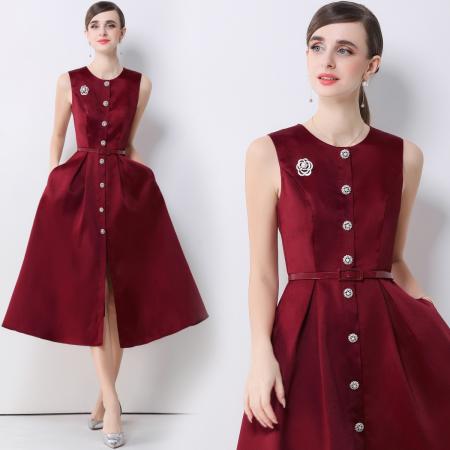 FA53773# 优雅轻奢风圆领无袖排扣连衣裙女收腰显瘦A字连衣裙送腰带 服裝批發女裝批發服飾貨源