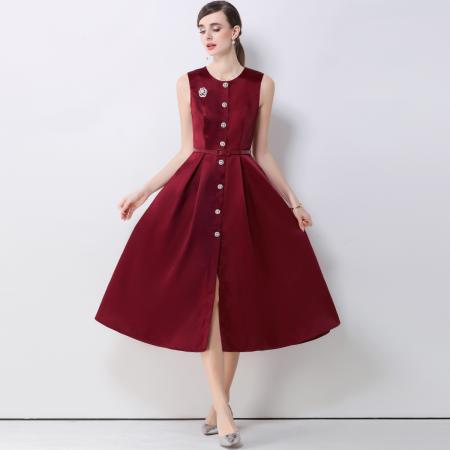 FA53773# 优雅轻奢风圆领无袖排扣连衣裙女收腰显瘦A字连衣裙送腰带 服裝批發女裝批發服飾貨源