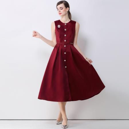 FA53773# 优雅轻奢风圆领无袖排扣连衣裙女收腰显瘦A字连衣裙送腰带 服裝批發女裝批發服飾貨源