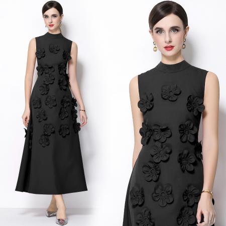 FA53774# 气质优雅重工立体花朵立领圆领无袖收腰显瘦A字连衣裙 服裝批發女裝批發服飾貨源