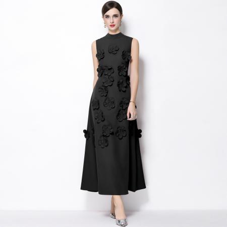 FA53774# 气质优雅重工立体花朵立领圆领无袖收腰显瘦A字连衣裙 服裝批發女裝批發服飾貨源