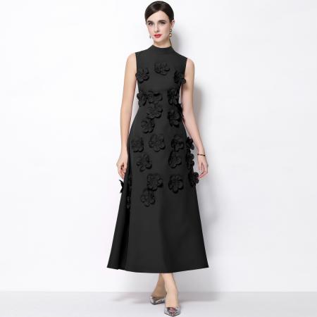 FA53774# 气质优雅重工立体花朵立领圆领无袖收腰显瘦A字连衣裙 服裝批發女裝批發服飾貨源