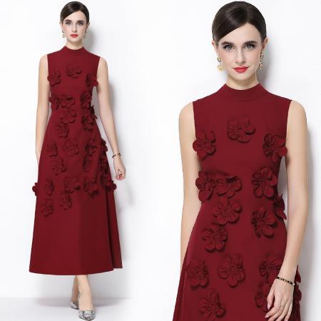 FA53775# 气质优雅重工立体花朵立领圆领无袖收腰显瘦A字连衣裙 服裝批發女裝批發服飾貨源