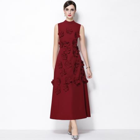 FA53775# 气质优雅重工立体花朵立领圆领无袖收腰显瘦A字连衣裙 服裝批發女裝批發服飾貨源