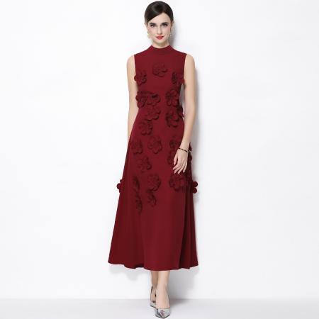 FA53775# 气质优雅重工立体花朵立领圆领无袖收腰显瘦A字连衣裙 服裝批發女裝批發服飾貨源