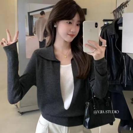 FA53776# 简约高级感假两件翻领设计感针织衫女新款秋修身显瘦百搭气质上衣 服裝批發女裝批發服飾貨源