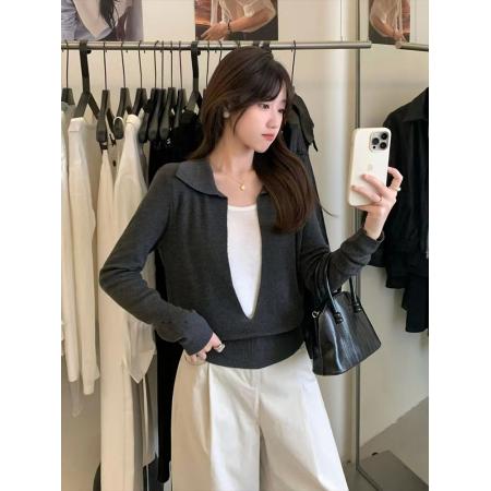 FA53776# 简约高级感假两件翻领设计感针织衫女新款秋修身显瘦百搭气质上衣 服裝批發女裝批發服飾貨源