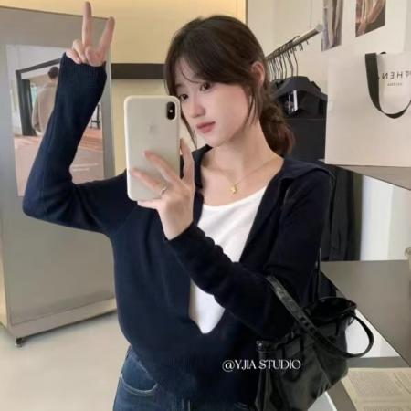 FA53776# 简约高级感假两件翻领设计感针织衫女新款秋修身显瘦百搭气质上衣 服裝批發女裝批發服飾貨源