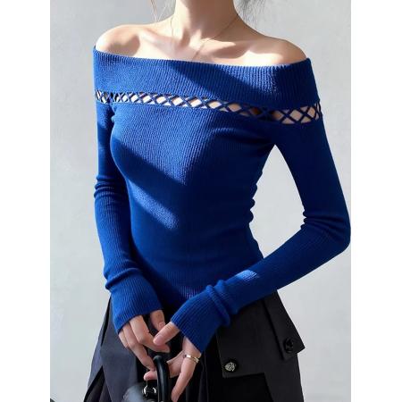 FA53777# 克莱因蓝镂空一字肩羊毛针织衫女秋冬韩系穿搭毛衣内搭打底衫上衣 服裝批發女裝批發服飾貨源