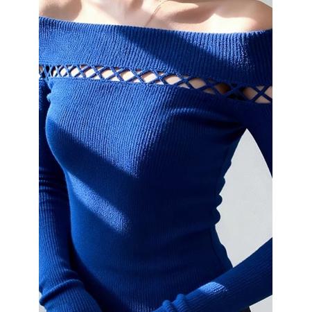 FA53777# 克莱因蓝镂空一字肩羊毛针织衫女秋冬韩系穿搭毛衣内搭打底衫上衣 服裝批發女裝批發服飾貨源