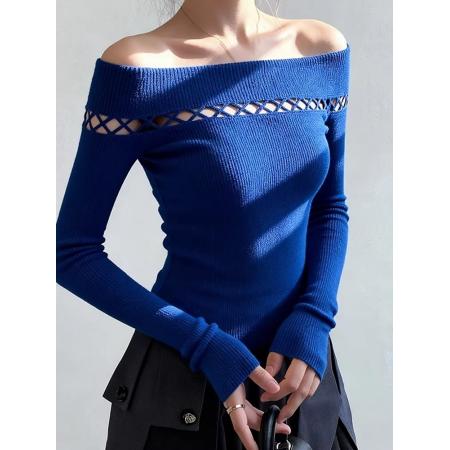 FA53777# 克莱因蓝镂空一字肩羊毛针织衫女秋冬韩系穿搭毛衣内搭打底衫上衣 服裝批發女裝批發服飾貨源