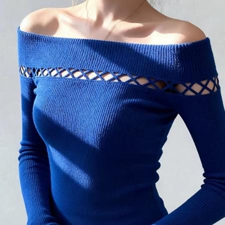 FA53777# 克莱因蓝镂空一字肩羊毛针织衫女秋冬韩系穿搭毛衣内搭打底衫上衣 服裝批發女裝批發服飾貨源