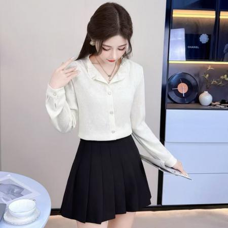 FA53778# 春季新款立领木耳边打底衫上衣复古通勤百搭长袖衬衫女提花 服裝批發女裝批發服飾貨源