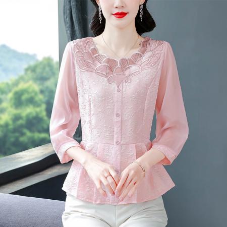 FA53779# 春新款七分袖提花雪纺衫女花瓣领漂亮小衫洋气减龄遮肚子上衣 服裝批發女裝批發服飾貨源